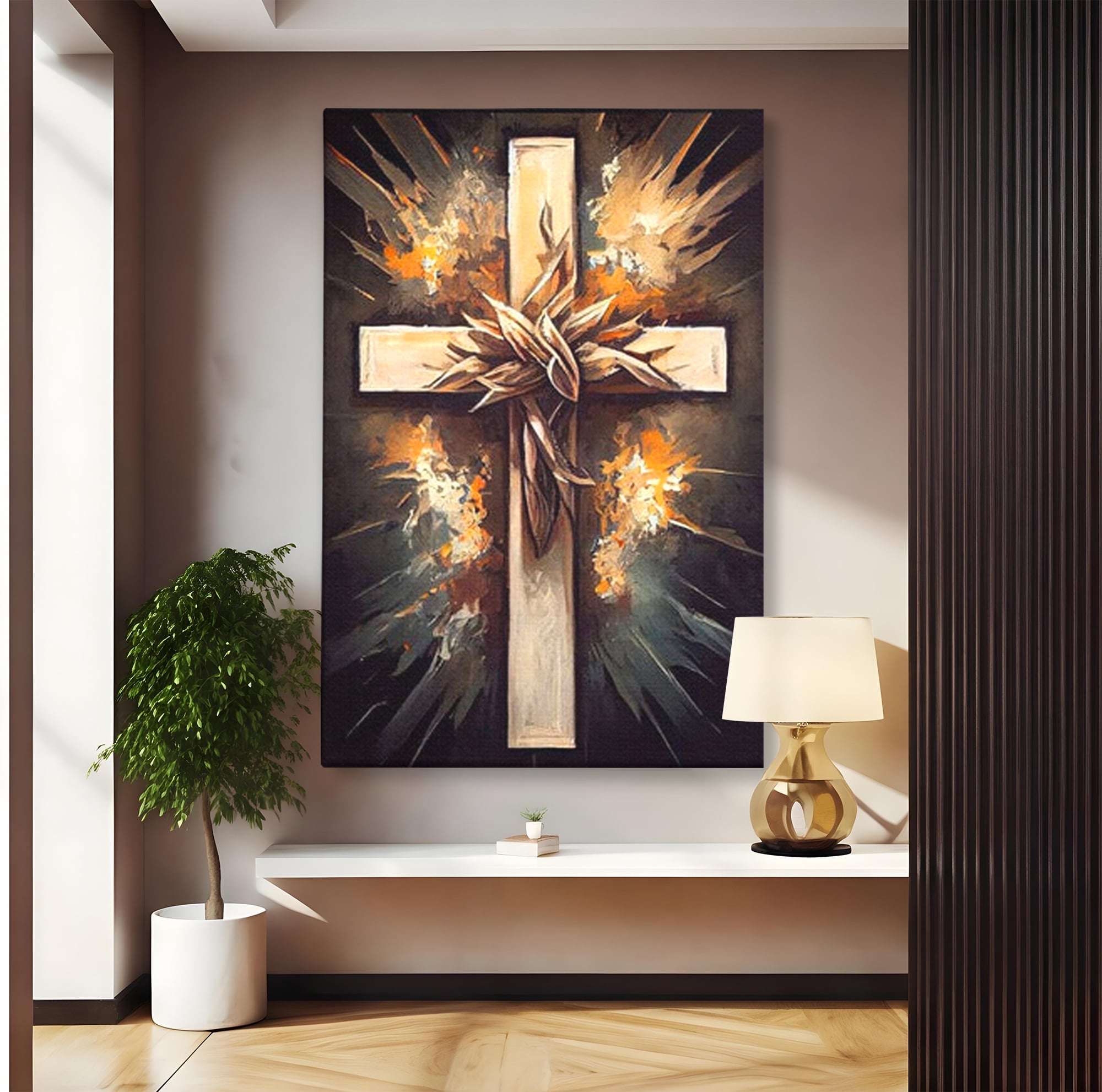 Tablou canvas cu tablou canvas cu o cruce si coroana de spini, fara rama, pe sasiu de lemn